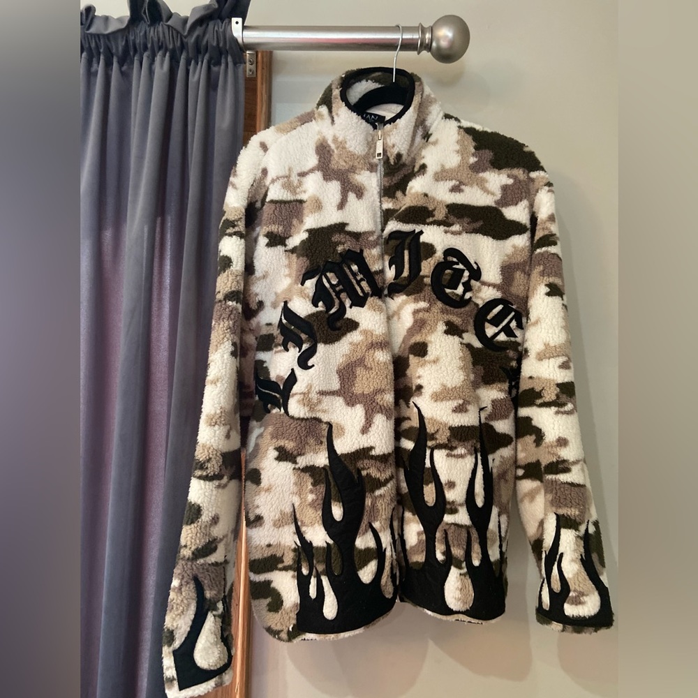 Oversized Borg Camo Zip Up Fleece Jacket with Flames